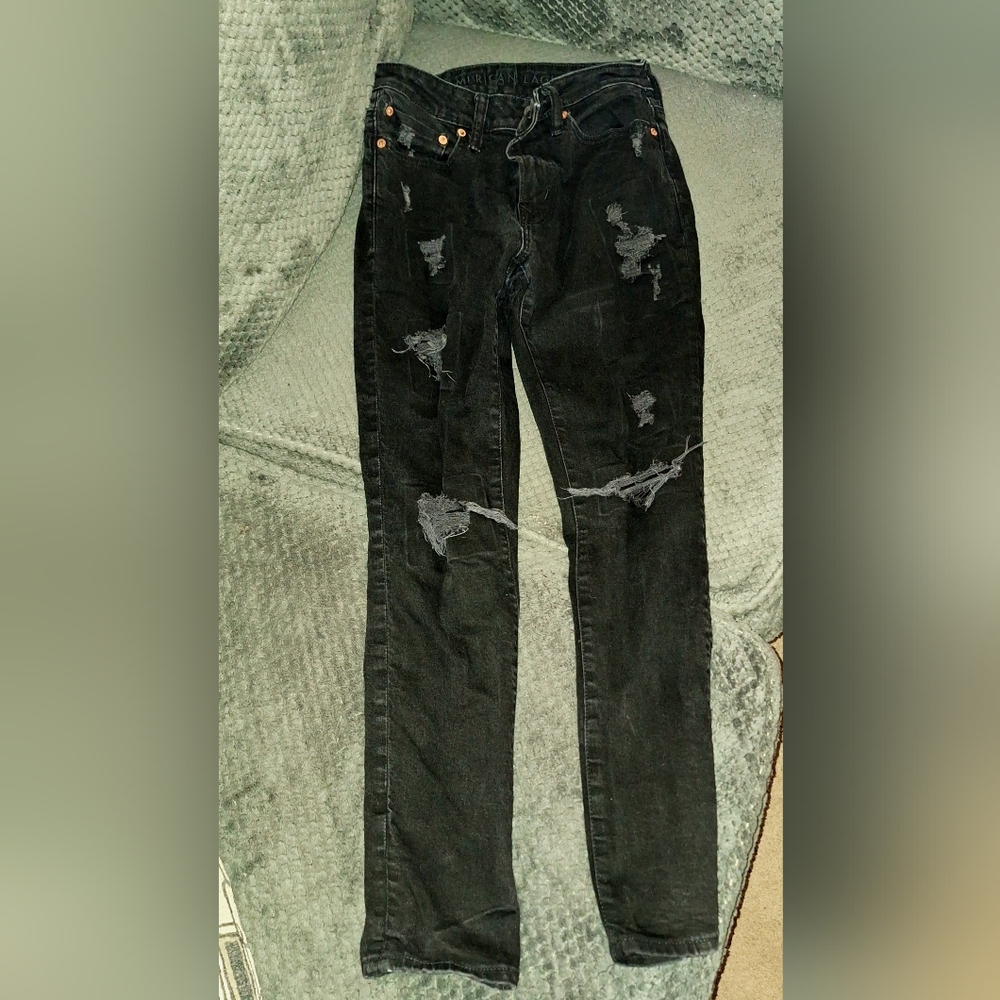 American Eagle Outfitters Black Skinny Jeans with Distressed Design